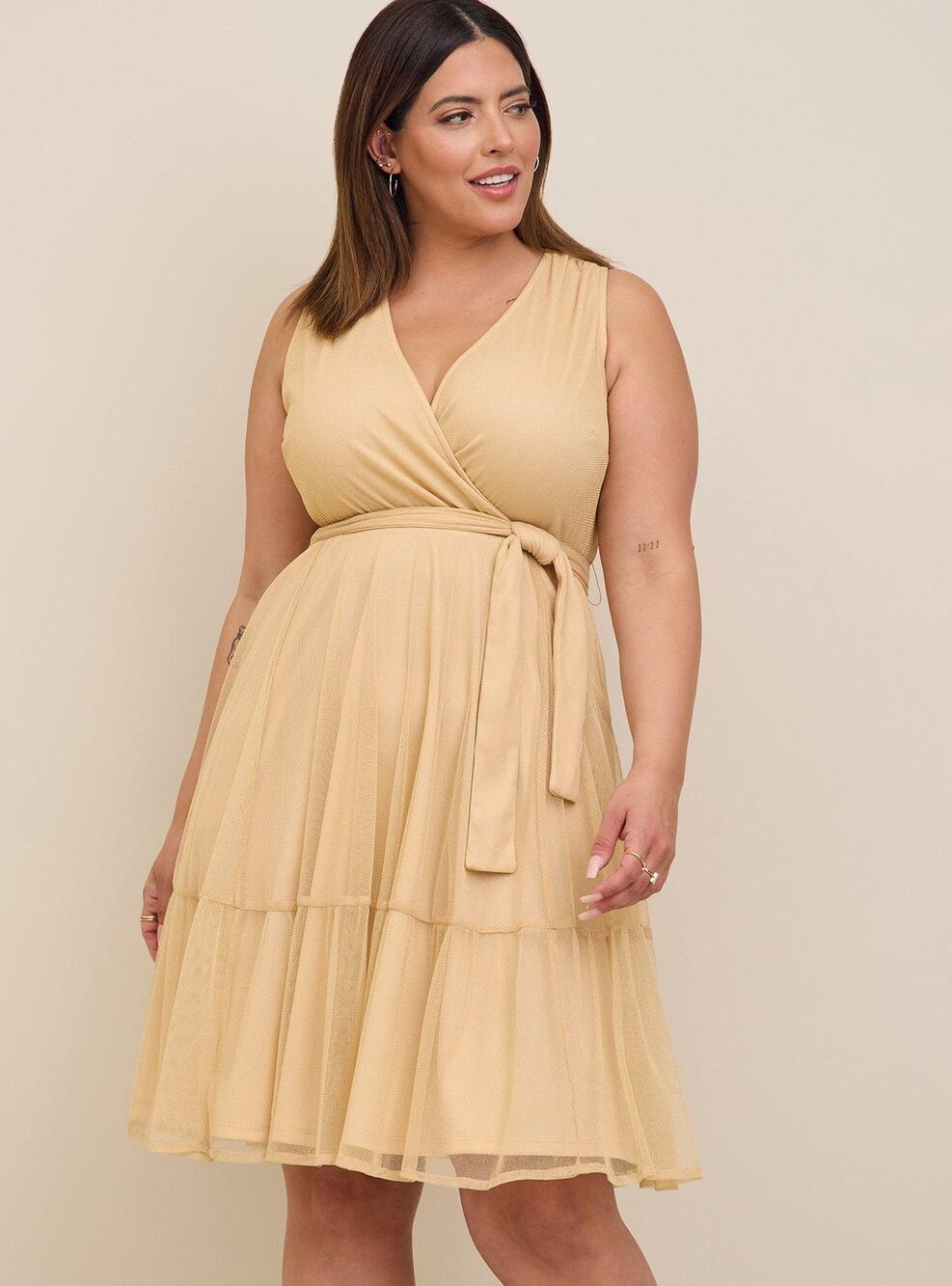 Torrid At The Knee Gold Glitter Lurex Surplice Tiered Pocketed Dress Size 2X